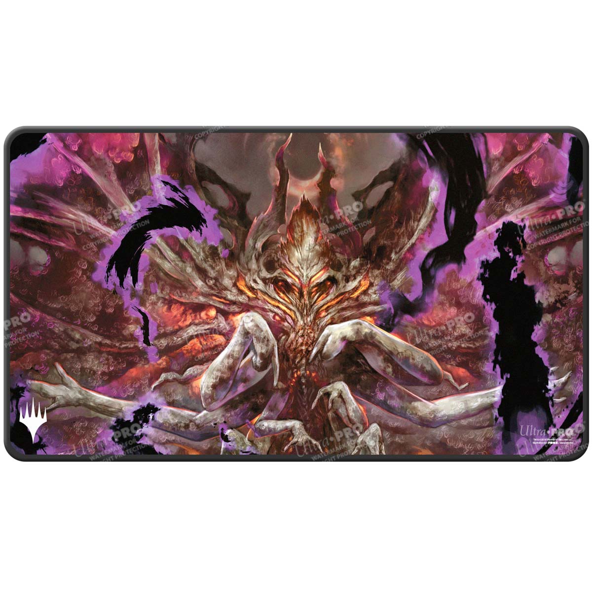 A Black Stitched Standard Gaming Playmat featuring Duskmourn Damnation art. Brand: Ultra PRO, Item: Duskmourn Damnation Black Stitched Standard Gaming Playmat for Magic: The Gathering.
