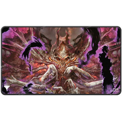 A Black Stitched Standard Gaming Playmat featuring Duskmourn Damnation art. Brand: Ultra PRO, Item: Duskmourn Damnation Black Stitched Standard Gaming Playmat for Magic: The Gathering.
