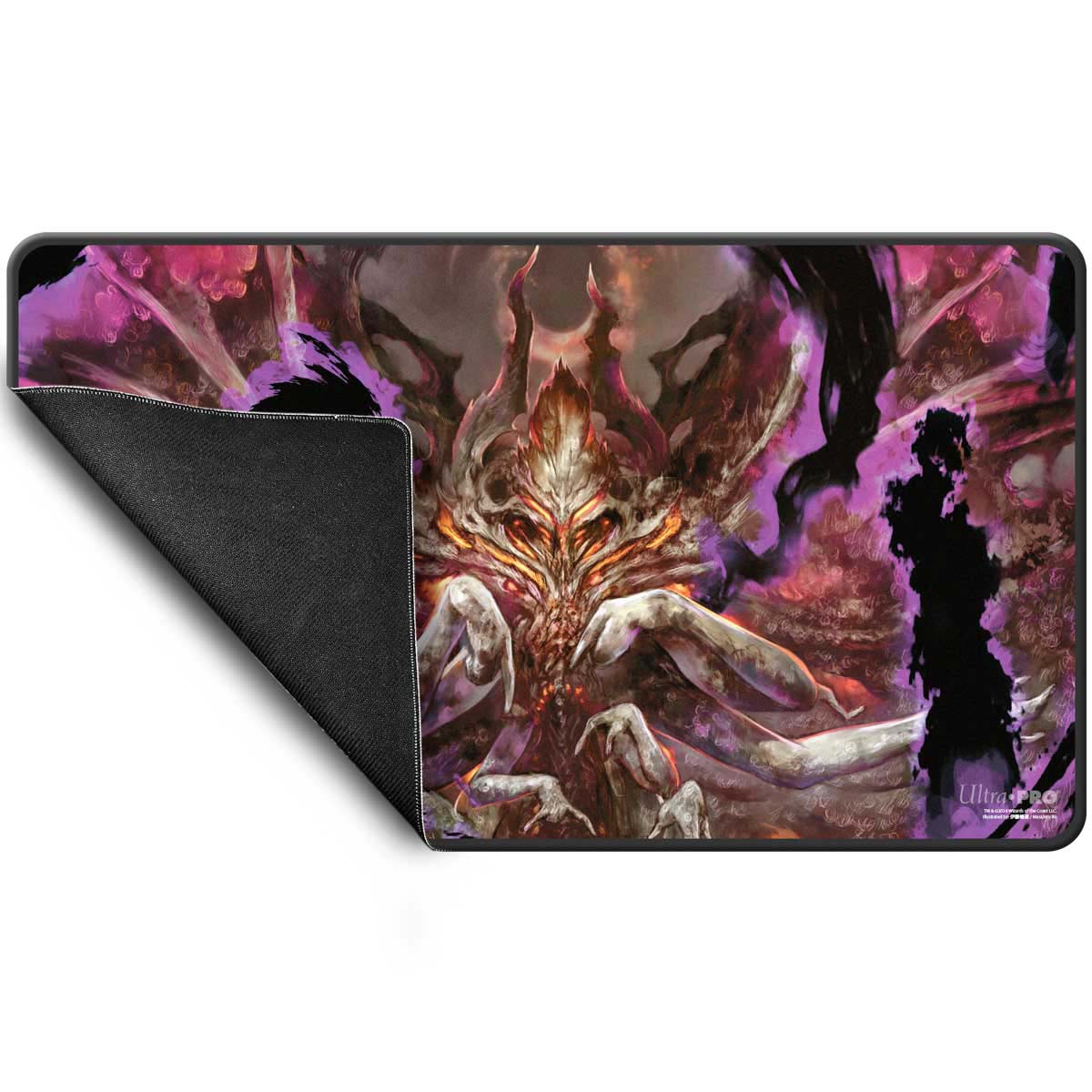 A black stitched gaming playmat featuring the Duskmourn Damnation artwork for Magic: The Gathering. Brand: Ultra PRO.