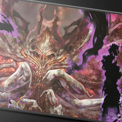 A black stitched standard gaming playmat featuring artwork from Magic: The Gathering's Duskmourn Damnation set.