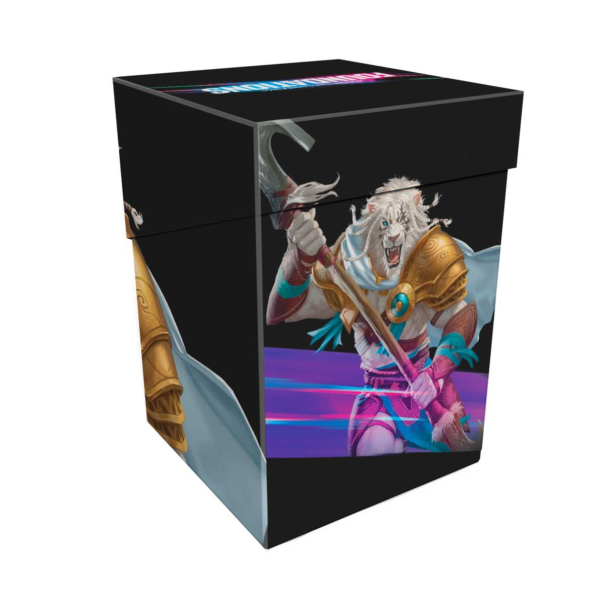 A black deck box featuring artwork of Ajani Goldmane from Magic: The Gathering. Brand: Ultra PRO, Item: Foundations Ajani 100+ DECK BOX® Light.