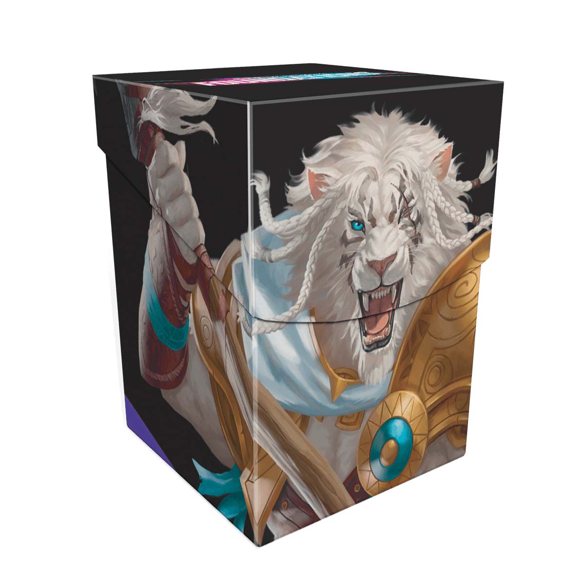 A white tiger deck box featuring Ajani from Magic: The Gathering. Brand: Ultra PRO, Item: Foundations Ajani 100+ DECK BOX® Light