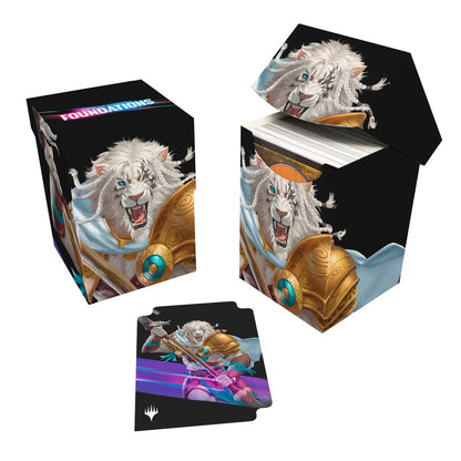 A black and white tiger-themed Deck Box for Magic: The Gathering. Brand: Ultra PRO, Item: Foundations Ajani 100+ DECK BOX® Light.
