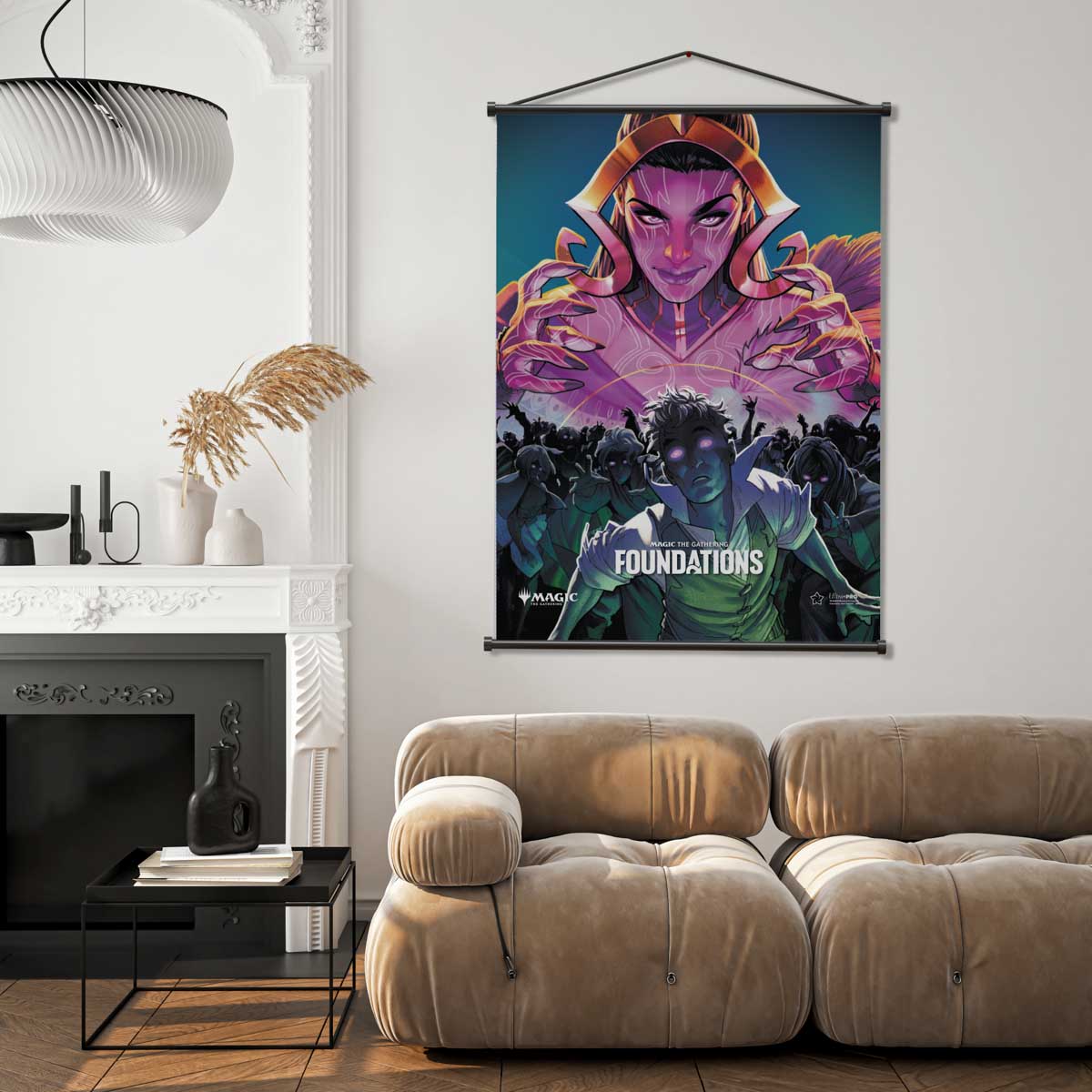 A Magic: The Gathering Foundations Liliana Wall Scroll by Ultra PRO.