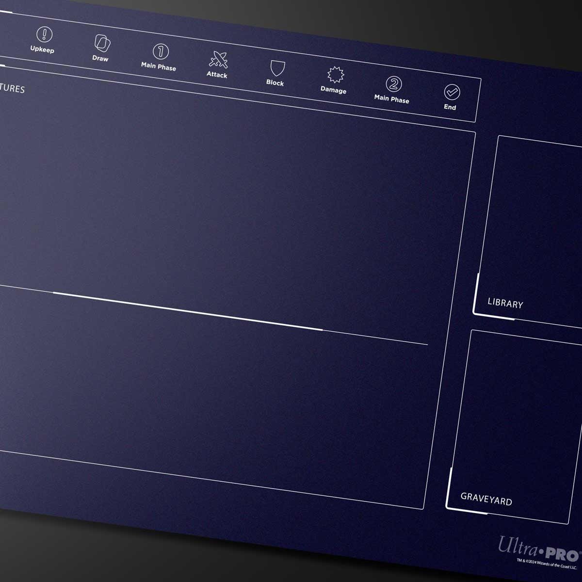 A dark blue Magic: The Gathering playmat with game turn phases and zones. Brand: Ultra Pro, Item: Foundations Learn To Play 1-Player Playmat.