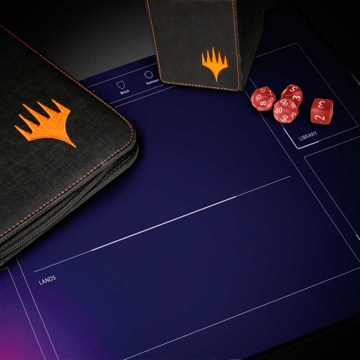 A dark blue playmat with Magic: The Gathering branding and dice. Brand: Unknown, Item: Foundations Learn To Play 1-Player Playmat for Magic: The Gathering.