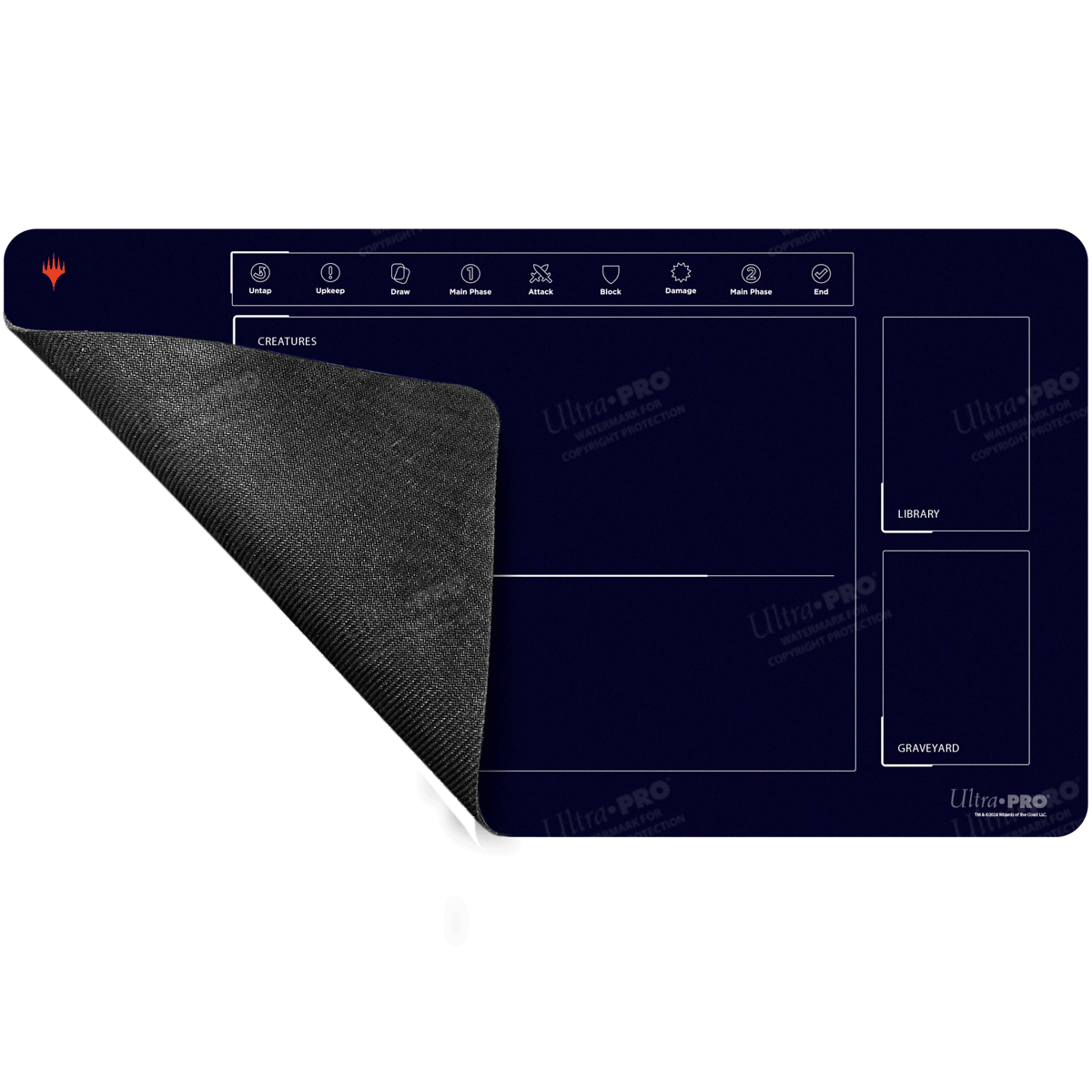 A navy blue Ultra PRO Foundations Learn To Play 1-Player Playmat for Magic: The Gathering. Features game phase icons, creature zone, library, and graveyard.