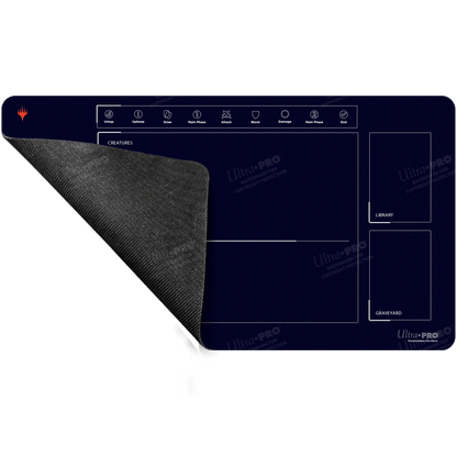 A navy blue Ultra PRO Foundations Learn To Play 1-Player Playmat for Magic: The Gathering. Features game phase icons, creature zone, library, and graveyard.