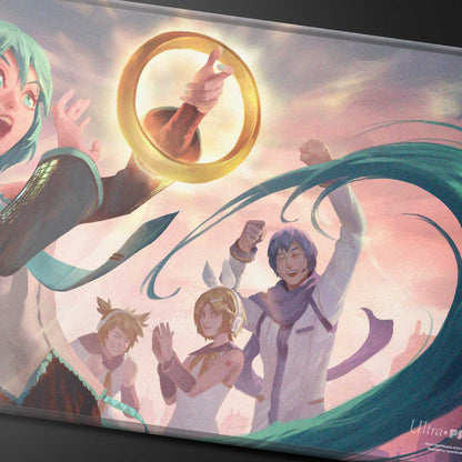 A vibrant playmat featuring Hatsune Miku and friends celebrating with a golden Sol Ring, designed for Magic: The Gathering.