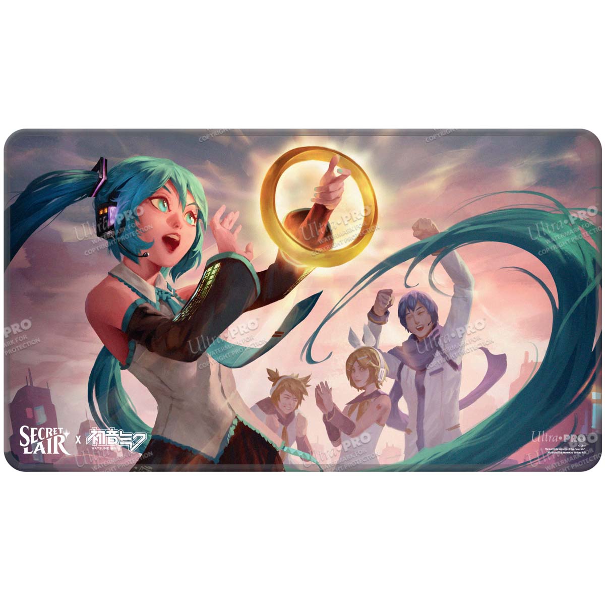A vibrant playmat featuring Hatsune Miku and other Vocaloid characters interacting with a golden Sol Ring, with a cityscape in the background. Brand: Ultra PRO, Item: Hatsune Miku - Secret Lair - Stitched Edge Playmat - (Summer) Sol Ring