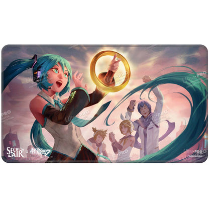 A vibrant playmat featuring Hatsune Miku and other Vocaloid characters interacting with a golden Sol Ring, with a cityscape in the background. Brand: Ultra PRO, Item: Hatsune Miku - Secret Lair - Stitched Edge Playmat - (Summer) Sol Ring