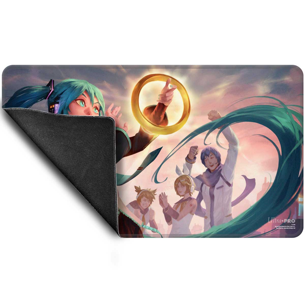 A vibrant playmat featuring Hatsune Miku and other Vocaloid characters holding a golden Sol Ring. Brand: Ultra Pro, Item: Hatsune Miku - Secret Lair - Stitched Edge Playmat for Magic: The Gathering - (Summer) Sol Ring.