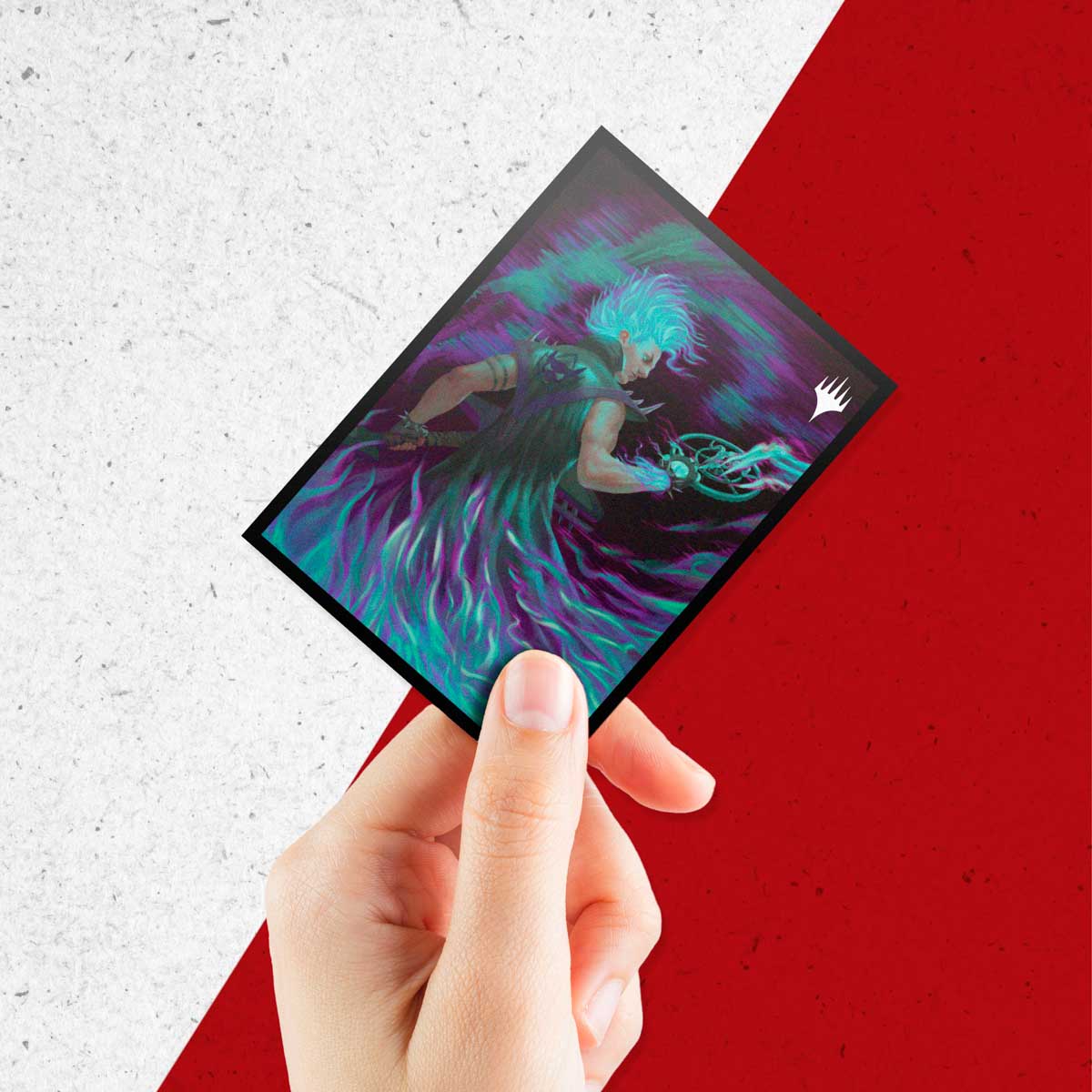 A black bordered deck protector sleeve featuring the Aetherdrift Winter, Cursed Rider artwork. Brand: Ultra PRO, Item: Aetherdrift Winter, Cursed Rider 100ct DECK PROTECTOR® Sleeves for Magic: The Gathering.