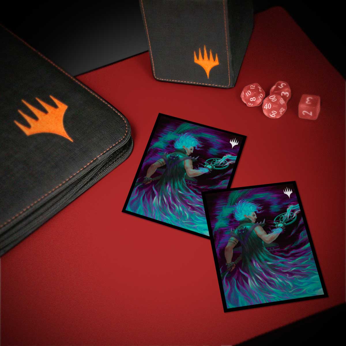 A black and orange Magic: The Gathering deck box and binder with two Aetherdrift Winter, Cursed Rider card sleeves. Brand: Ultra Pro, Item: Aetherdrift Winter, Cursed Rider 100ct DECK PROTECTOR® Sleeves for Magic: The Gathering.
