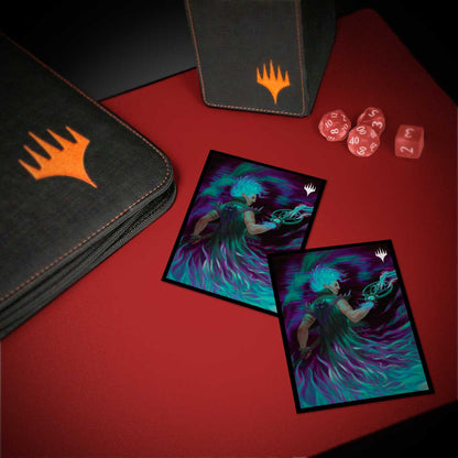 A black and orange Magic: The Gathering deck box and binder with two Aetherdrift Winter, Cursed Rider card sleeves. Brand: Ultra Pro, Item: Aetherdrift Winter, Cursed Rider 100ct DECK PROTECTOR® Sleeves for Magic: The Gathering.