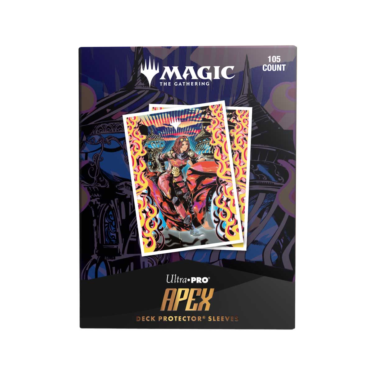 A black and purple Magic: The Gathering 105ct APEX Deck Protector Sleeves featuring Aetherdrift Chandra, Spark Hunter. Brand: Ultra Pro.