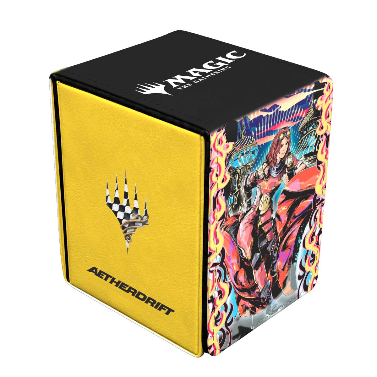 A yellow and black Aetherdrift Chandra, Spark Hunter ALCOVE Flip Deck Box for Magic: The Gathering. Brand: Ultra PRO, Item: Aetherdrift Chandra, Spark Hunter ALCOVE Flip Deck Box.