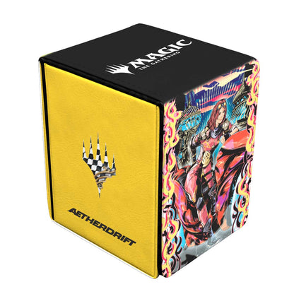 A yellow and black Aetherdrift Chandra, Spark Hunter ALCOVE Flip Deck Box for Magic: The Gathering. Brand: Ultra PRO, Item: Aetherdrift Chandra, Spark Hunter ALCOVE Flip Deck Box.