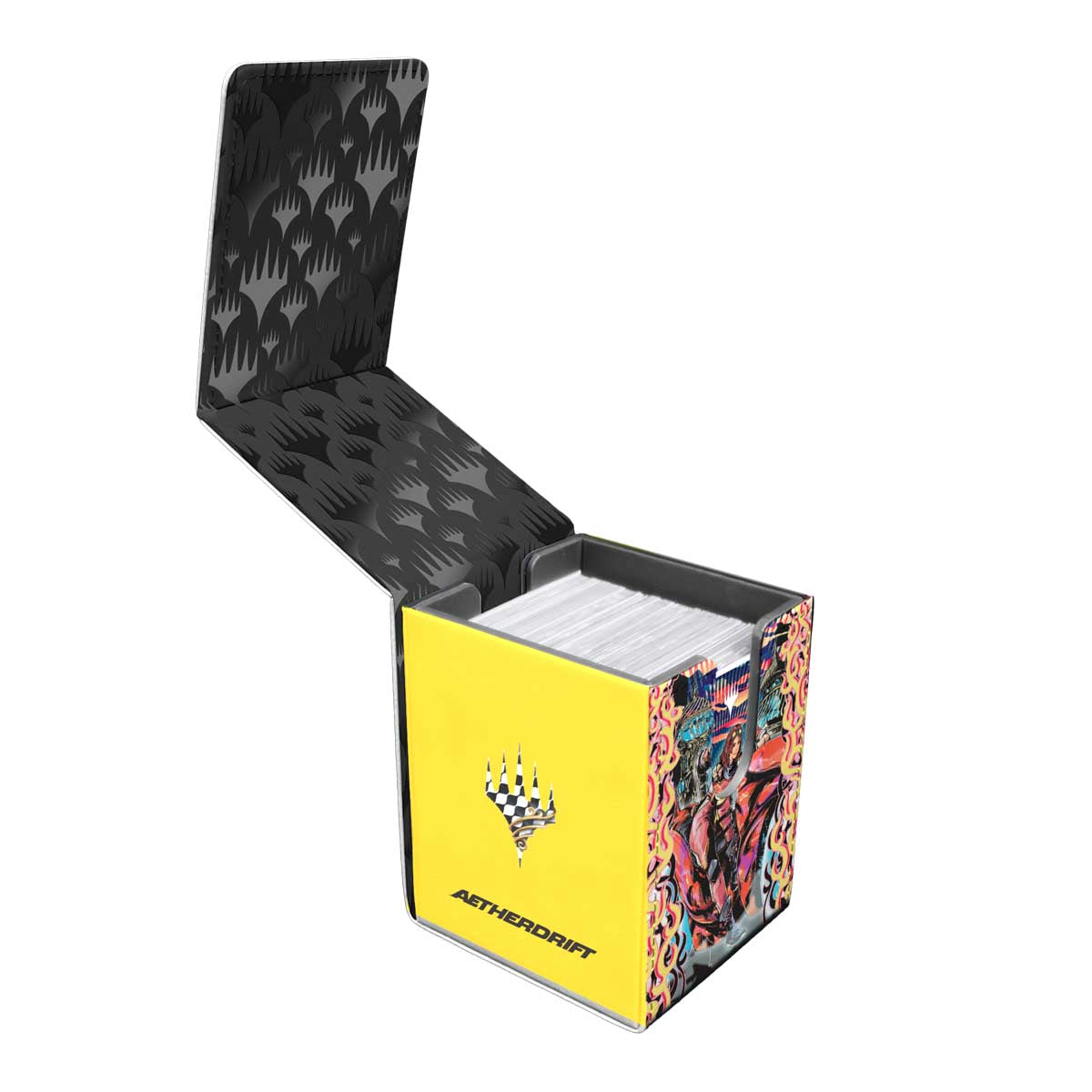 A yellow Aetherdrift Chandra, Spark Hunter ALCOVE Flip DECK BOX for Magic: The Gathering. Brand: Ultra PRO, Item: Aetherdrift Chandra, Spark Hunter ALCOVE® Flip DECK BOX® for Magic: The Gathering.