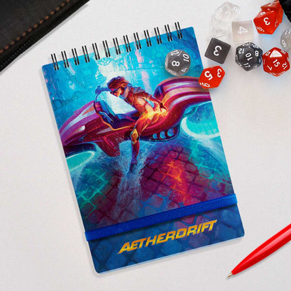 A blue Aetherdrift Chandra Spiral Life Pad for Magic: The Gathering by Ultra PRO. Features a vibrant artwork of Chandra Nalaar riding a vehicle.