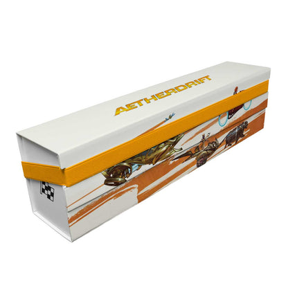 A white and orange Aetherdrift Finish Line Bundle Key Art 500+ FLAT PACK Storage Box. Brand: Ultra PRO, Item: Aetherdrift Finish Line Bundle Key Art 500+ FLAT PACK Storage Box for Magic: The Gathering