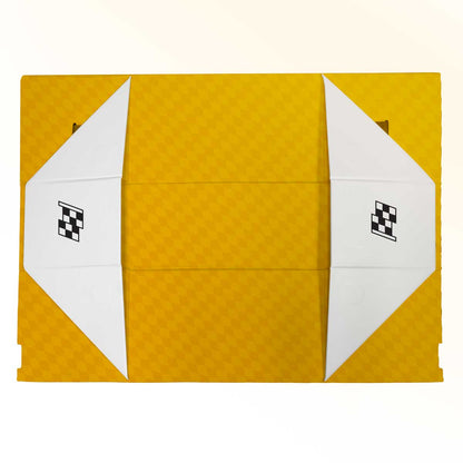 A yellow Aetherdrift Finish Line Bundle 500+ FLAT PACK Storage Box for Magic: The Gathering.
