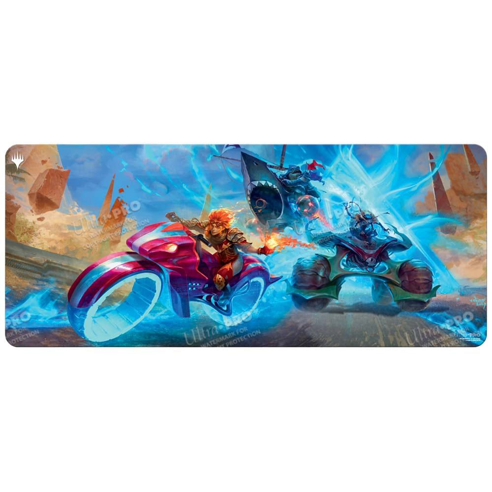 A vibrant Magic: The Gathering playmat featuring Chandra on a futuristic motorcycle, battling a shark-themed vehicle. Brand: Ultra PRO, Item: Aetherdrift Chandra Leading the Pack 6ft Table Playmat.