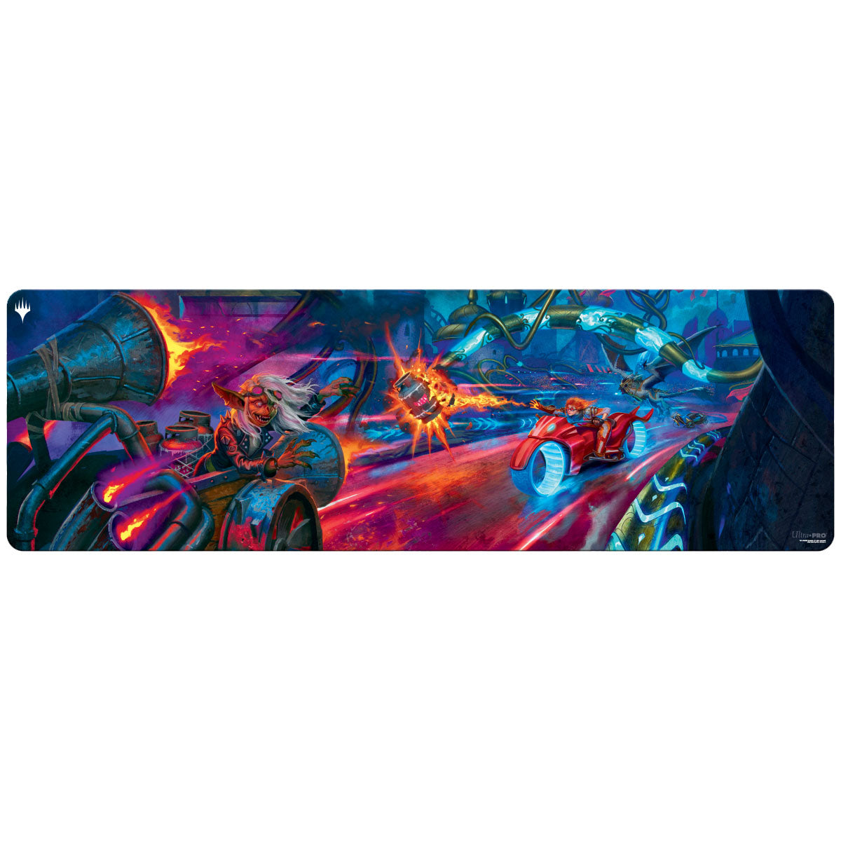 A vibrant Magic: The Gathering 8ft Table Playmat featuring Aetherdrift Goblin vs Chandra Attack. Brand: Ultra PRO, Item: Aetherdrift Goblin vs Chandra Attack 8ft Table Playmat for Magic: The Gathering.