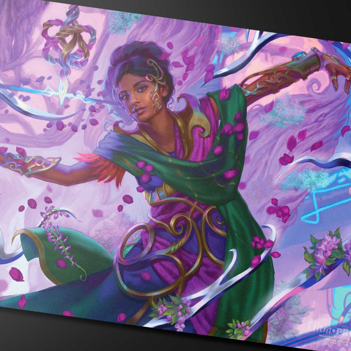 A vibrant Magic: The Gathering playmat featuring Aetherdrift Avishkar Living Energy in a dynamic pose surrounded by purple petals and swirling energy. Brand: Ultra PRO, Item: Aetherdrift Avishkar Living Energy (Commander) Playmat.