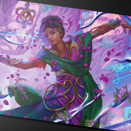 A vibrant Magic: The Gathering playmat featuring Aetherdrift Avishkar Living Energy in a dynamic pose surrounded by purple petals and swirling energy. Brand: Ultra PRO, Item: Aetherdrift Avishkar Living Energy (Commander) Playmat.