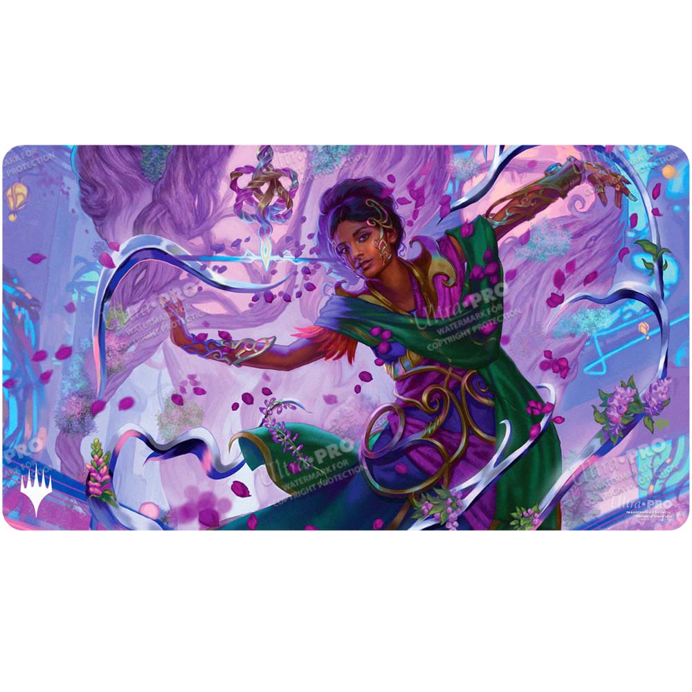 A purple and green Aetherdrift Avishkar Living Energy playmat. Brand: Ultra PRO, Item: Aetherdrift Avishkar Living Energy (Commander) Playmat for Magic: The Gathering.