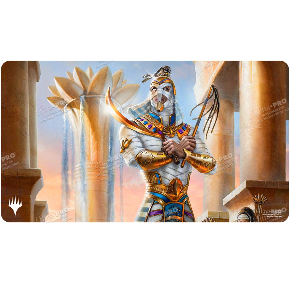 A rectangular playmat featuring artwork of an Egyptian-inspired mummy warrior holding a scimitar and whip, with a lotus fountain in the background. Brand: Ultra PRO, Item: Aetherdrift Amonkhet Eternal Might (Commander) Playmat.