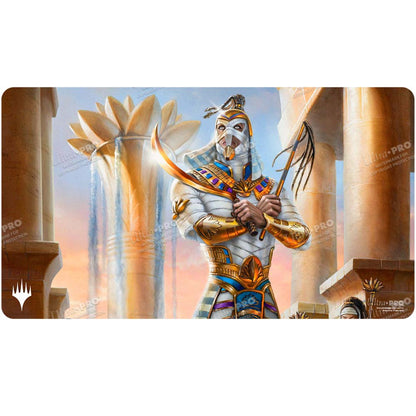 A rectangular playmat featuring artwork of an Egyptian-inspired mummy warrior holding a scimitar and whip, with a lotus fountain in the background. Brand: Ultra PRO, Item: Aetherdrift Amonkhet Eternal Might (Commander) Playmat.