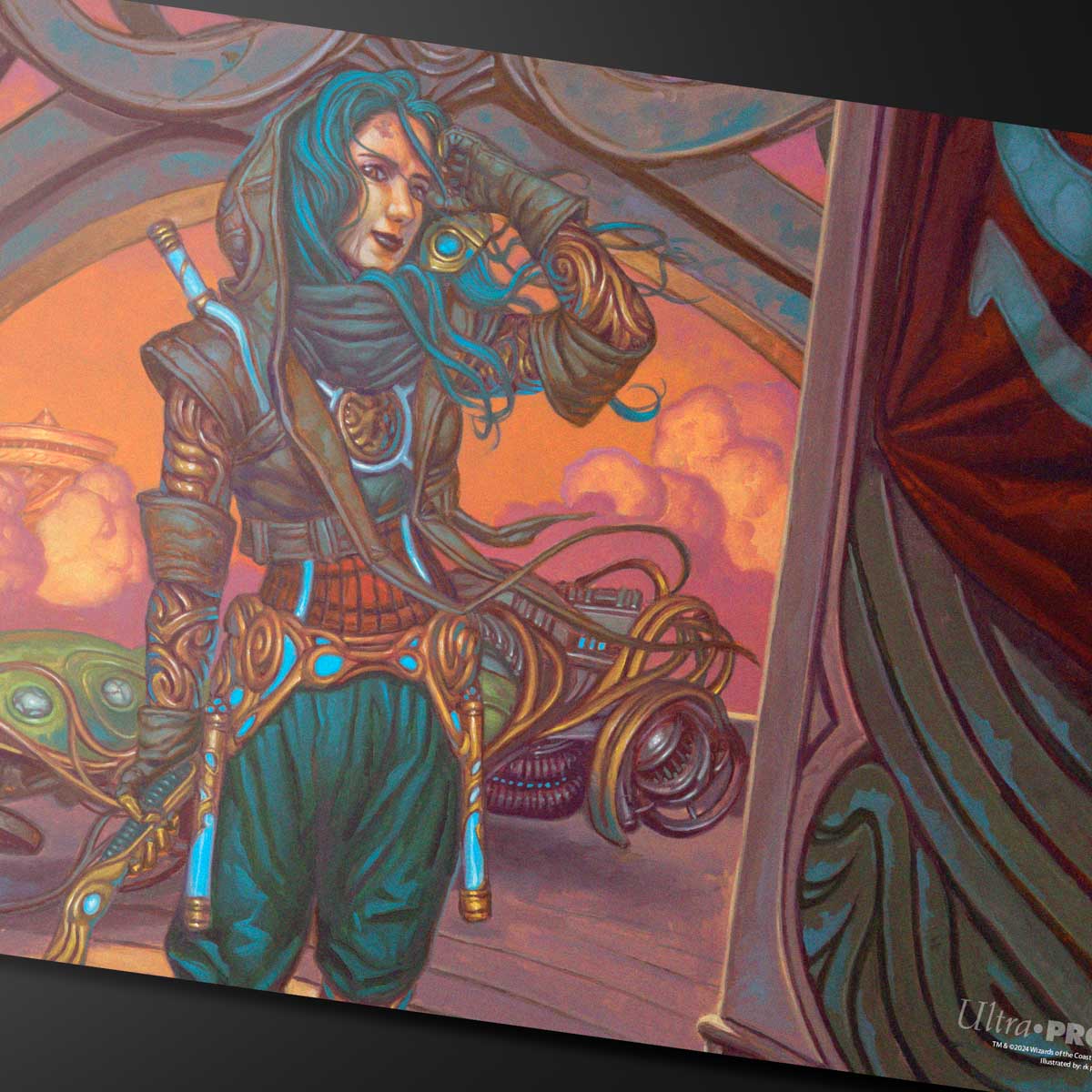 A fantasy art playmat featuring Aetherdrift Sita Varma, a character with blue hair and intricate armor, standing against a vibrant sunset sky. Brand: Ultra PRO, Item: Aetherdrift Sita Varma, Masked Racer Playmat for Magic: The Gathering.