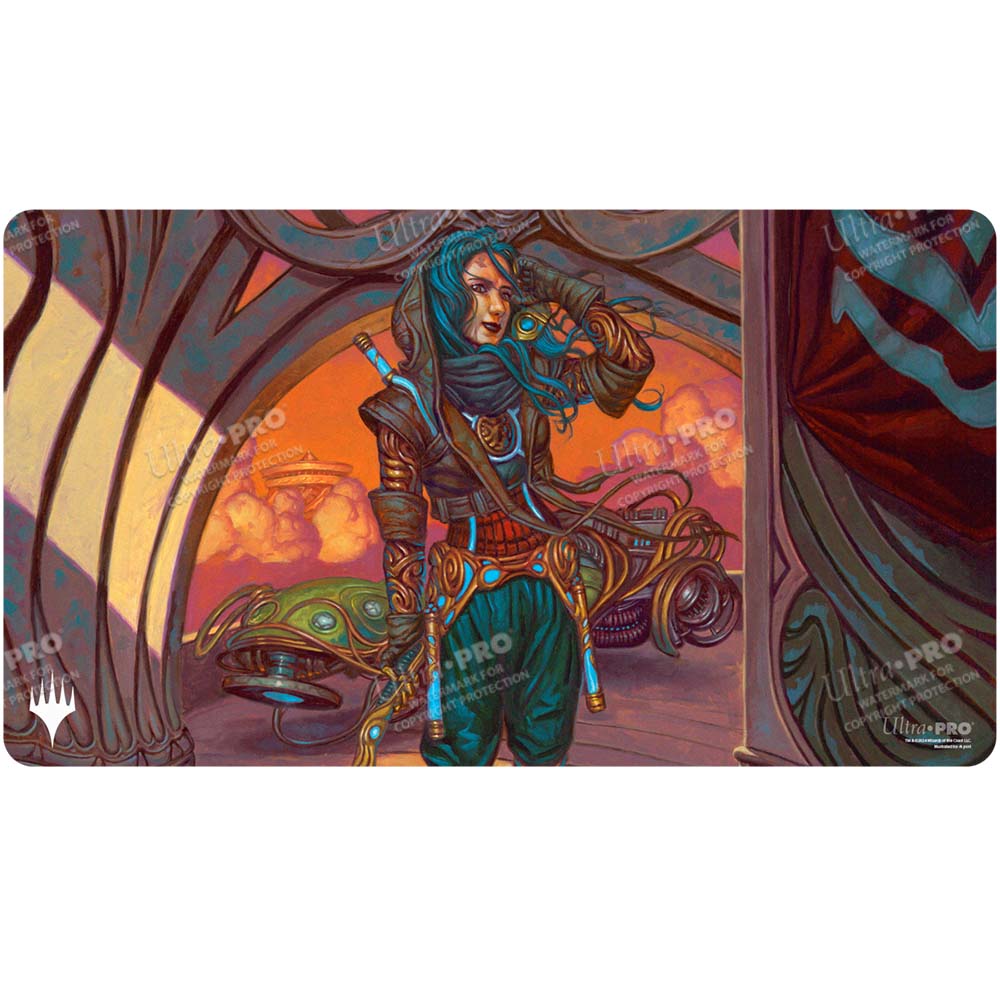 A colorful Aetherdrift Sita Varma, Masked Racer Playmat. Brand: Ultra PRO, Item: Aetherdrift Sita Varma, Masked Racer Playmat for Magic: The Gathering