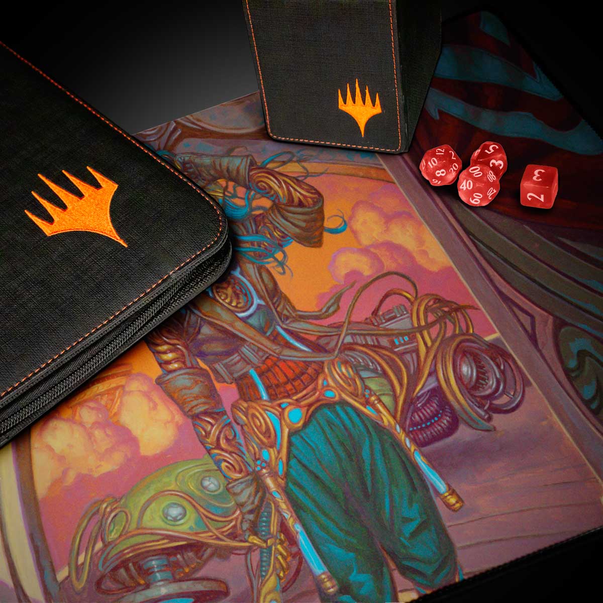 A black Magic: The Gathering playmat featuring artwork of Aetherdrift Sita Varma, Masked Racer. Includes a black deck box and dice.