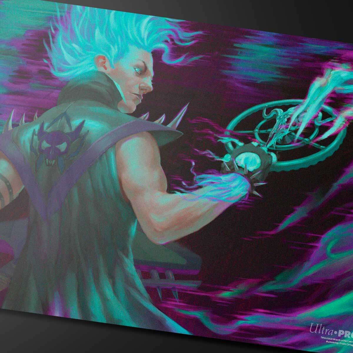 A teal and purple Aetherdrift Winter, Cursed Rider Playmat for Magic: The Gathering. Brand: Ultra Pro, Item: Aetherdrift Winter, Cursed Rider Playmat.