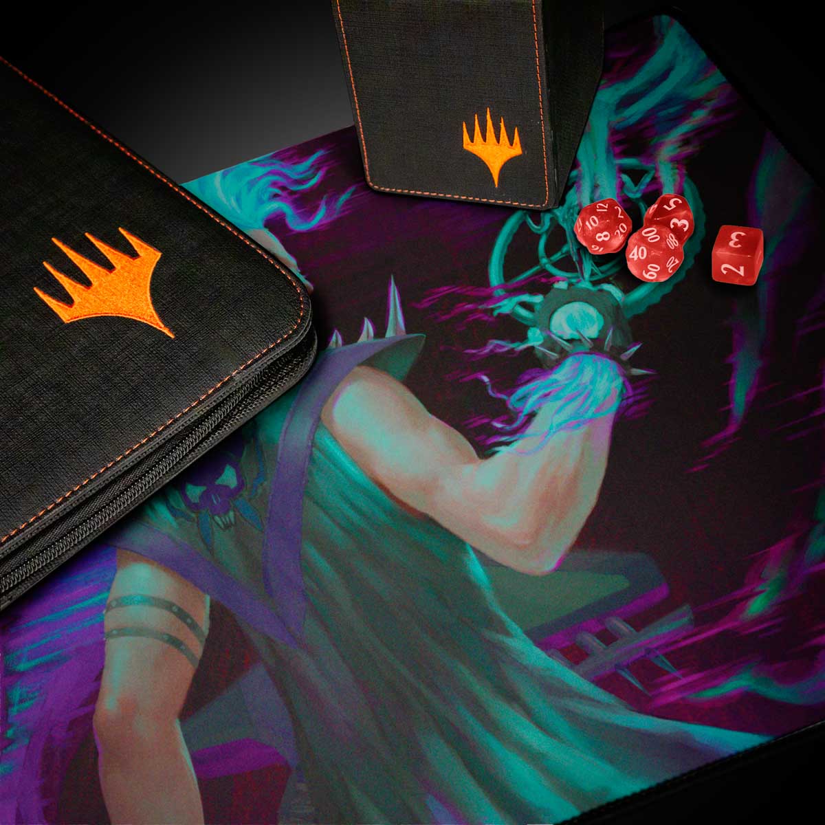 A black Magic: The Gathering playmat featuring the Aetherdrift Winter Cursed Rider artwork, with a black deck box and dice.