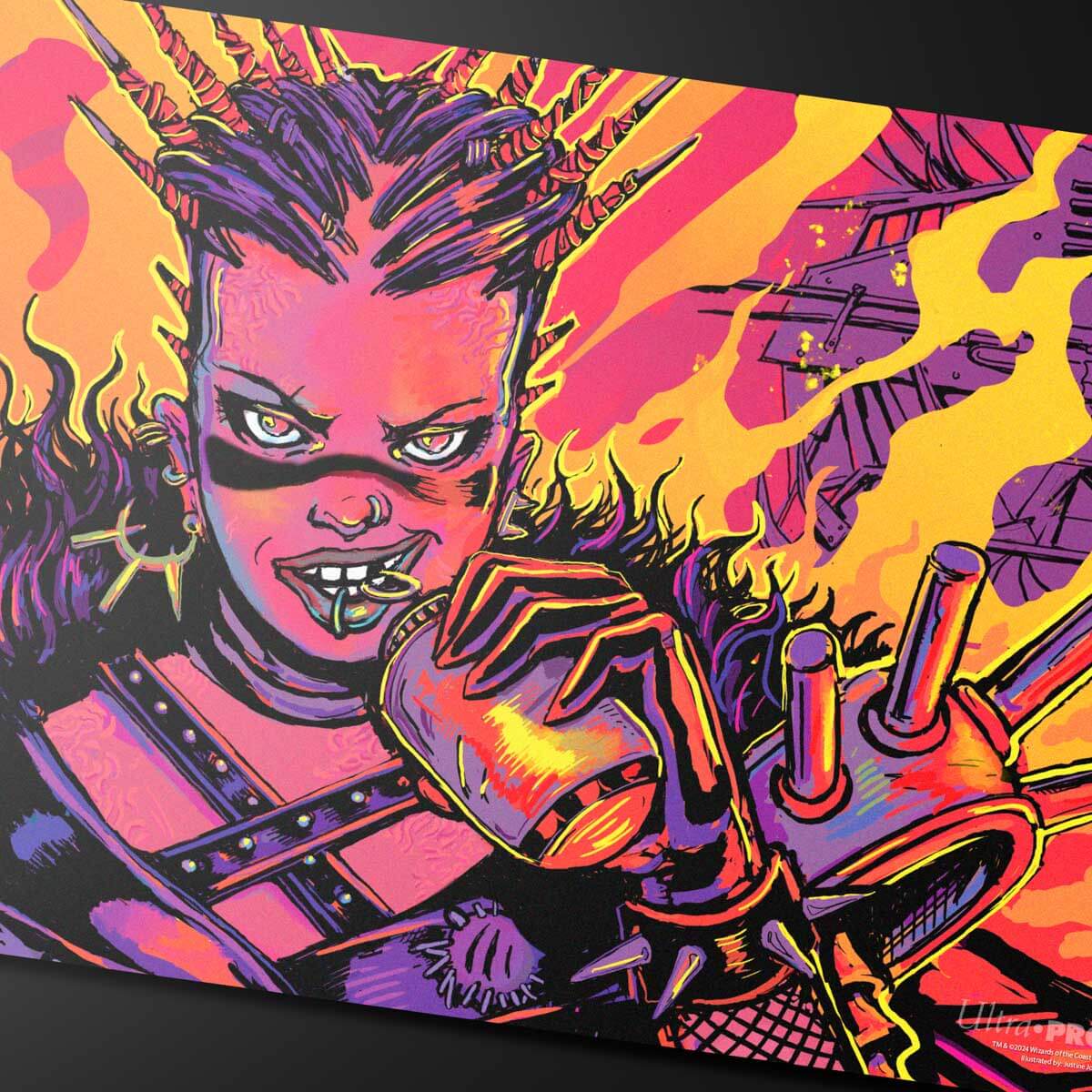 A vibrant, punk-inspired playmat featuring a close-up of a fierce character with spiked hair and piercings, holding a can. The background is a chaotic mix of purple and orange flames and industrial elements. Brand: Ultra PRO, Item: Aetherdrift Far Fortune, End Boss Playmat for Magic: The Gathering.