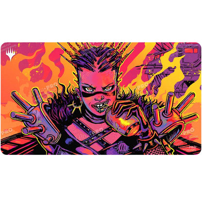 A vibrant and edgy playmat featuring a punk-inspired character from Magic: The Gathering, holding a can and wearing spiked armor. Brand: Ultra PRO, Item: Aetherdrift Far Fortune, End Boss Playmat