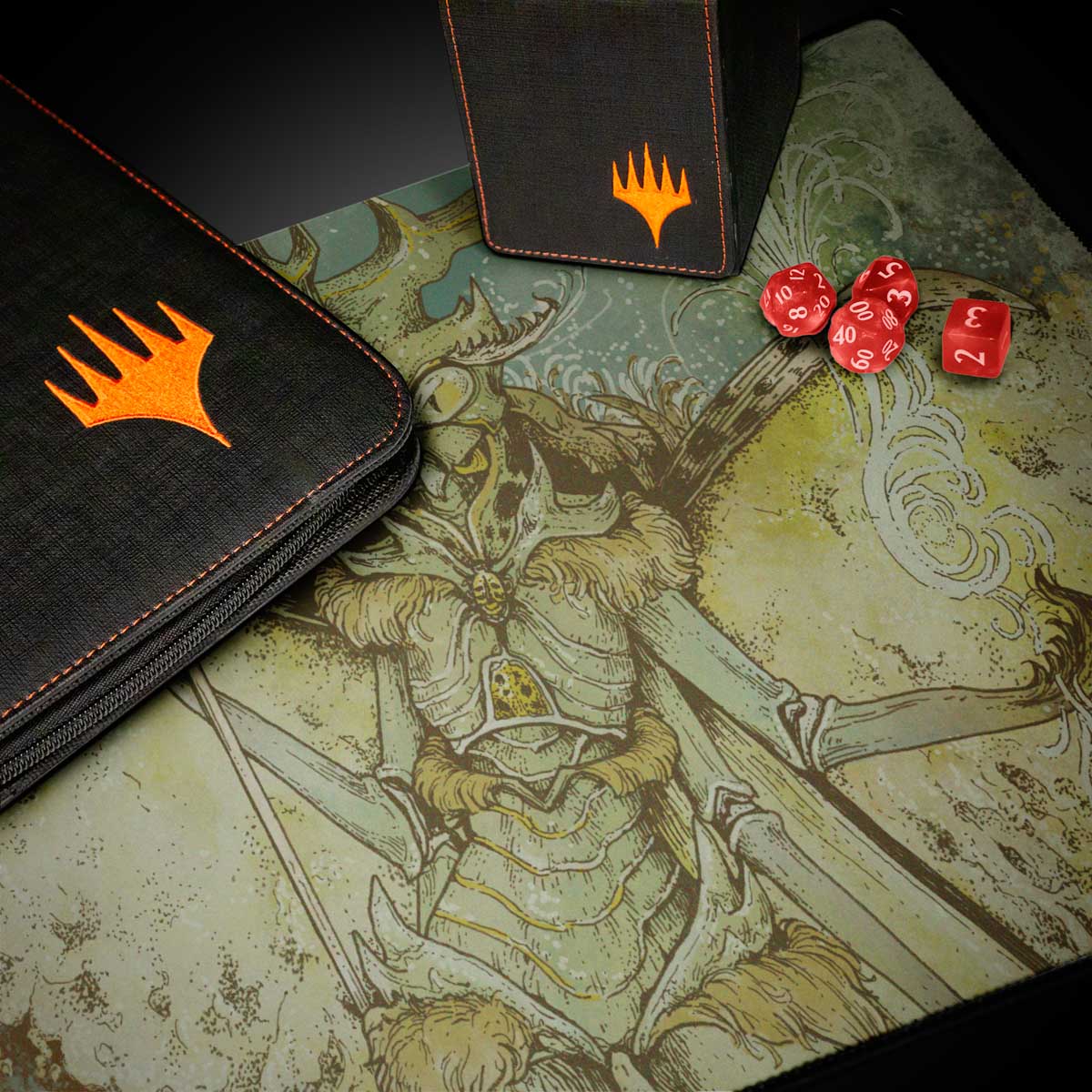 A black and orange Magic: The Gathering deck box and playmat featuring Aetherdrift Aatchik artwork. Brand: Unknown, Item: Aetherdrift Aatchik, Emerald Radian Playmat for Magic: The Gathering