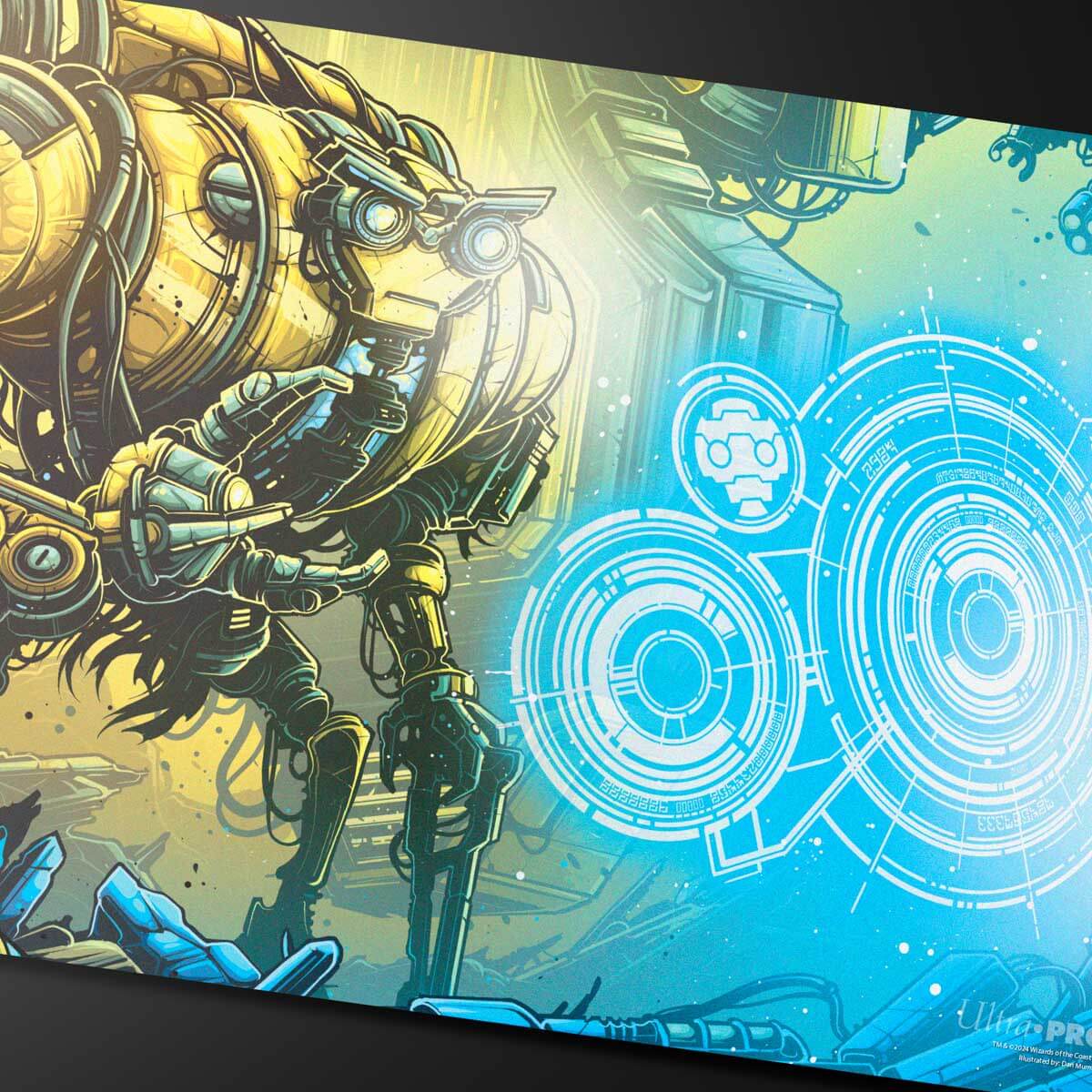 A yellow and blue mechanical robot playmat for Magic: The Gathering. Brand: Ultra Pro, Item: Aetherdrift Mendicant Core, Guidelight Playmat.