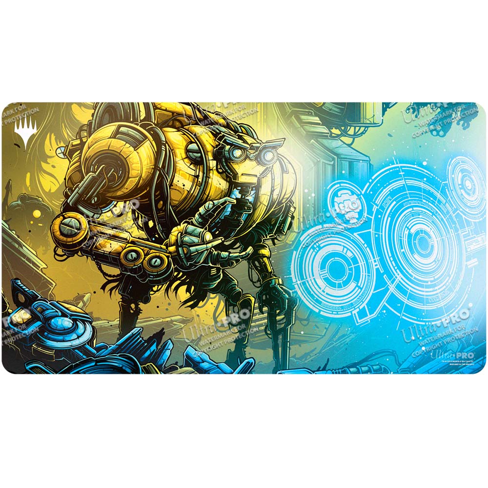 A yellow and blue Aetherdrift Mendicant Core Guidelight Playmat for Magic: The Gathering. Brand: Ultra PRO, Item: Aetherdrift Mendicant Core, Guidelight Playmat.