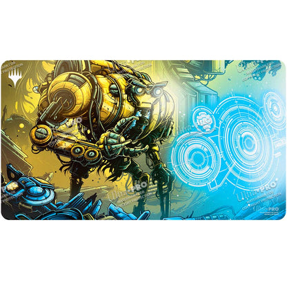 A yellow and blue Aetherdrift Mendicant Core Guidelight Playmat for Magic: The Gathering. Brand: Ultra PRO, Item: Aetherdrift Mendicant Core, Guidelight Playmat.