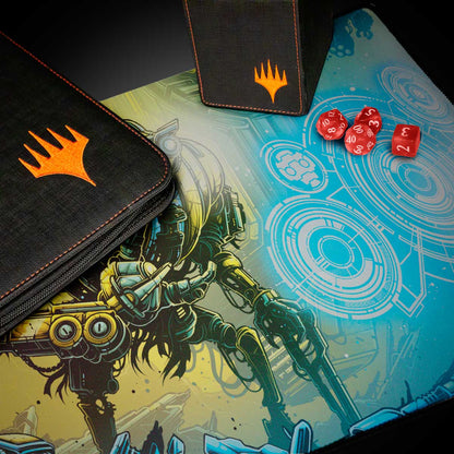 A black and orange Magic: The Gathering Aetherdrift Mendicant Core Guidelight Playmat. Brand: Magic: The Gathering, Item: Aetherdrift Mendicant Core, Guidelight Playmat.