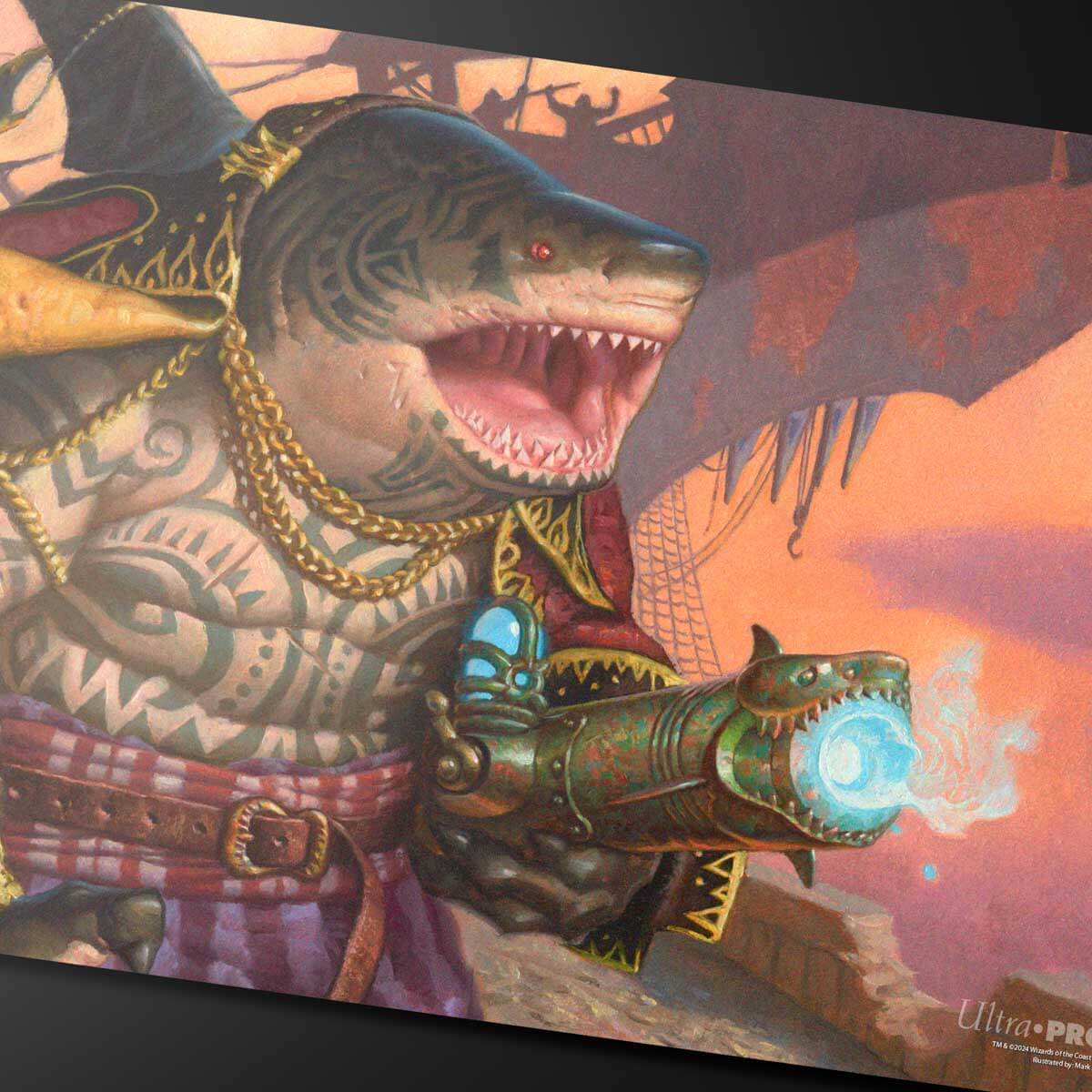 A fantasy art playmat featuring a shark pirate captain with a steampunk gun. Brand: Ultra PRO, Item: Aetherdrift Captain Howler, Sea Scourge Playmat for Magic: The Gathering.