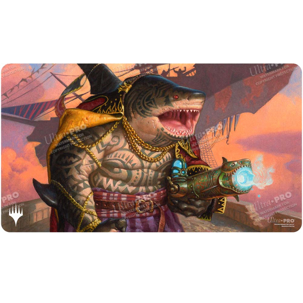 A fantasy art playmat featuring a shark pirate captain holding a steampunk-style cannon. Brand: Ultra PRO, Item: Aetherdrift Captain Howler, Sea Scourge Playmat for Magic: The Gathering