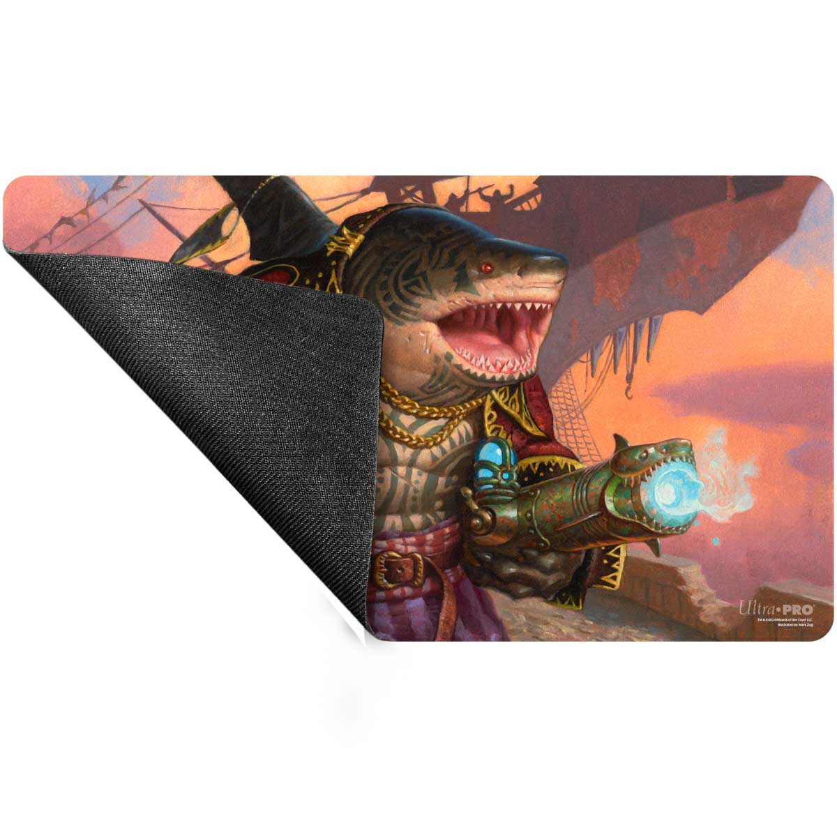 A fantasy art playmat featuring a shark pirate captain with a steampunk gun, from Ultra-Pro.