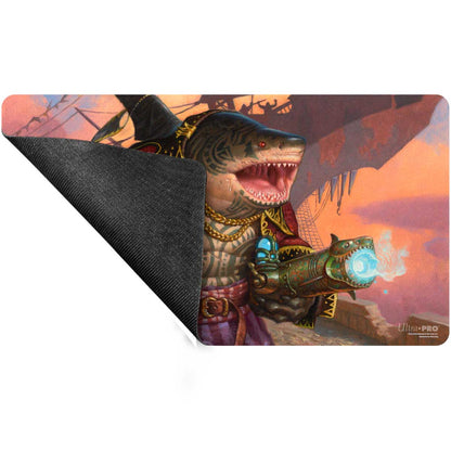 A fantasy art playmat featuring a shark pirate captain with a steampunk gun, from Ultra-Pro.