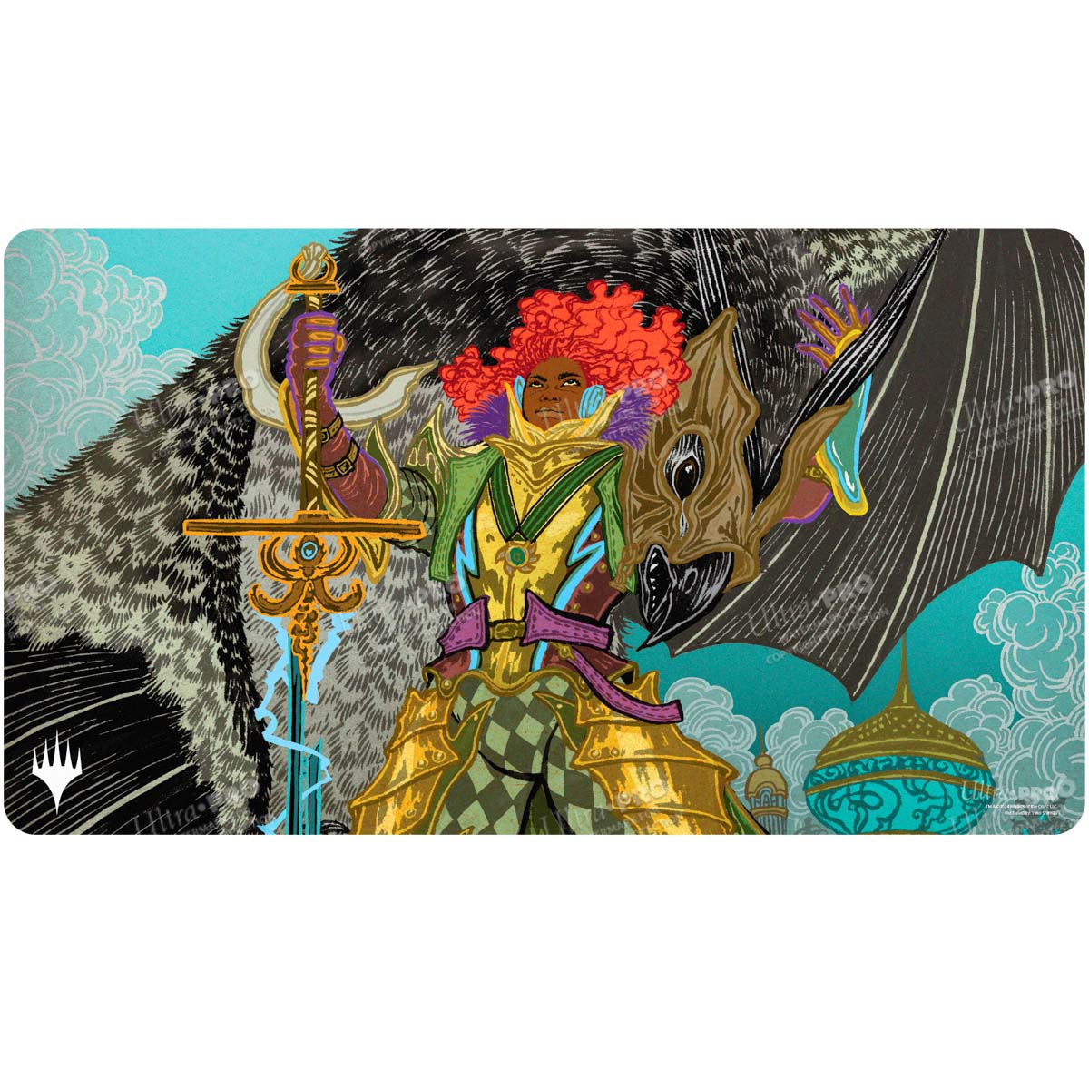 A vibrant playmat featuring Aetherdrift Caradora, Heart of Alacria from Magic: The Gathering. Brand: Ultra PRO, Item: Aetherdrift Caradora, Heart of Alacria Playmat for Magic: The Gathering.